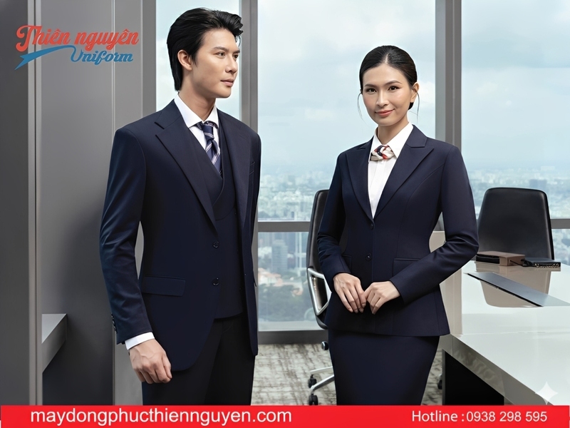 mẫu đồng phục quản lý khách sạn nam nữ màu xanh đen quyền lực