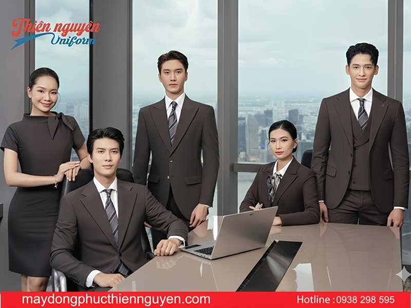 mẫu đồng phục quản lý khách sạn màu xám, có phụ kiện nơ và cavat