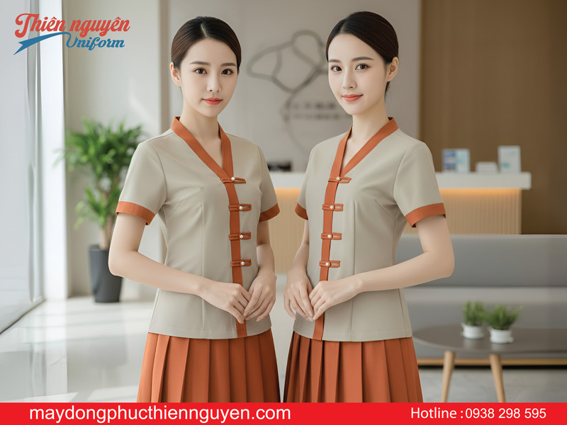 mẫu đồng phục spa nút tàu váy xếp ly