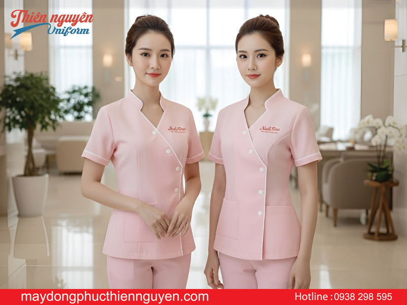 may đồng phục spa màu hồng có chân cổ viền trắng tại Long An - Thiên Nguyên Uniform