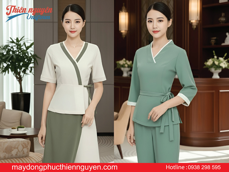 may đồng phục spa dưỡng sinh cổ V tại Long An - Thiên Nguyên Uniform