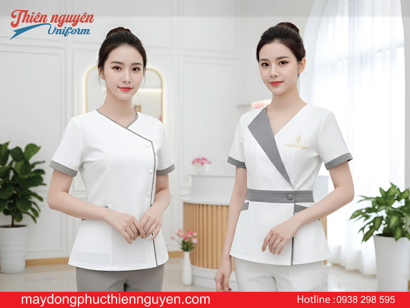may đồng phục spa cổ V tại Long An - Thiên Nguyên Uniform