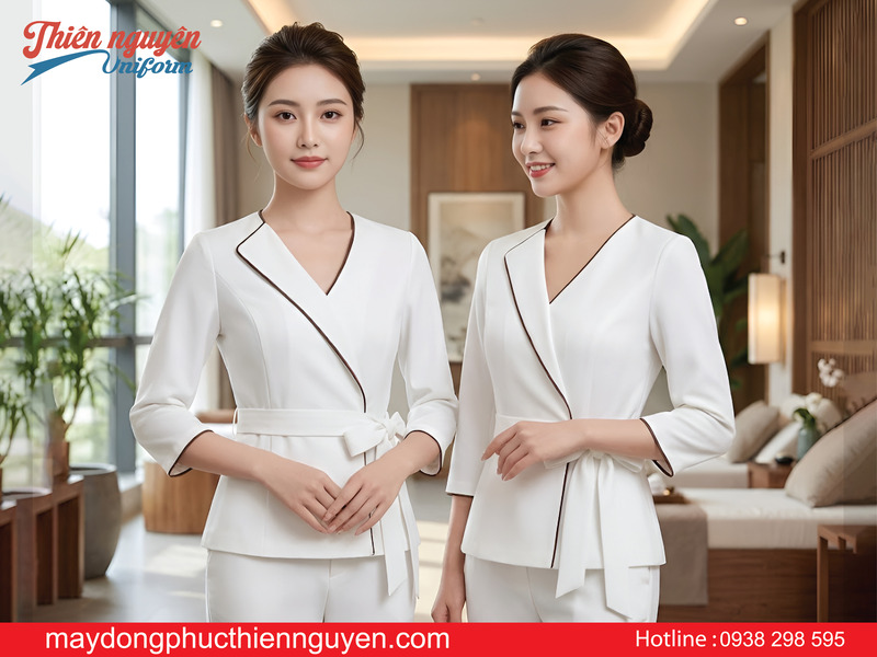 may đồng phục tiệm nail màu trắng - Thiên Nguyên Uniform