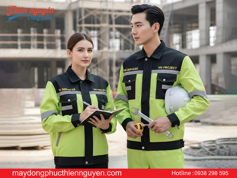mẫu quần áo bảo hộ có phản quang màu xanh phối đen - Thiên Nguyên Uniform