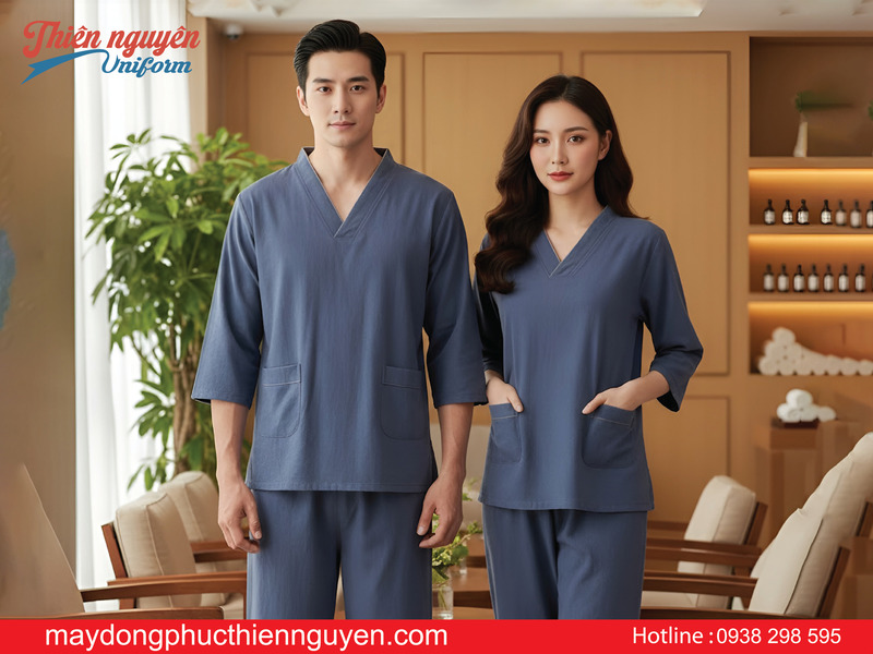 mẫu quần áo spa cho khách nam nữ cổ tim màu cổ vịt - Thiên Nguyên Uniform