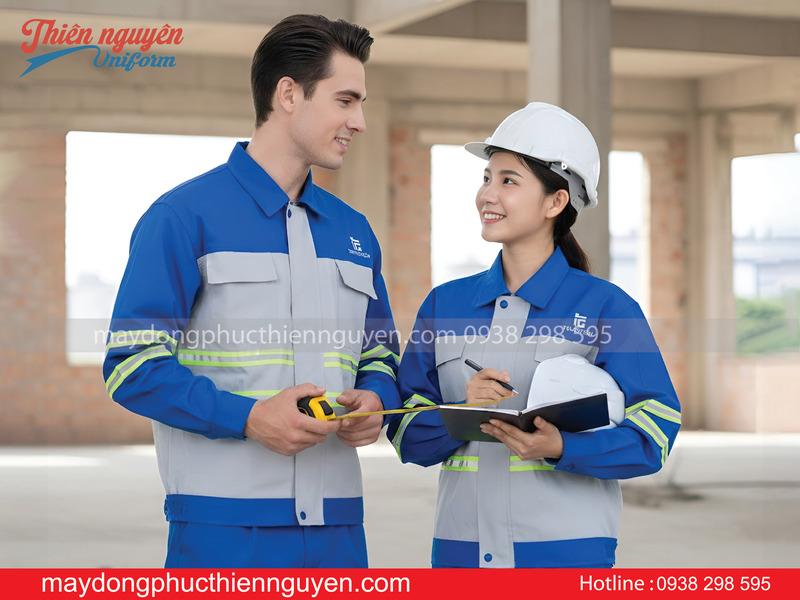 mẫu quần áo bảo hộ lao động màu xám phối xanh - Thiên Nguyên Uniform