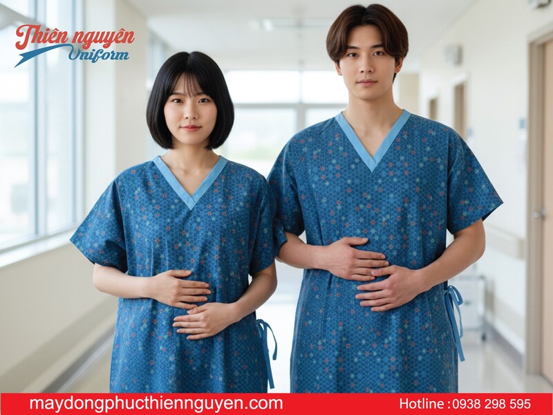 mẫu đồng phục quần áo bệnh nhân nam nữ có họa tiết chìm cổ tim