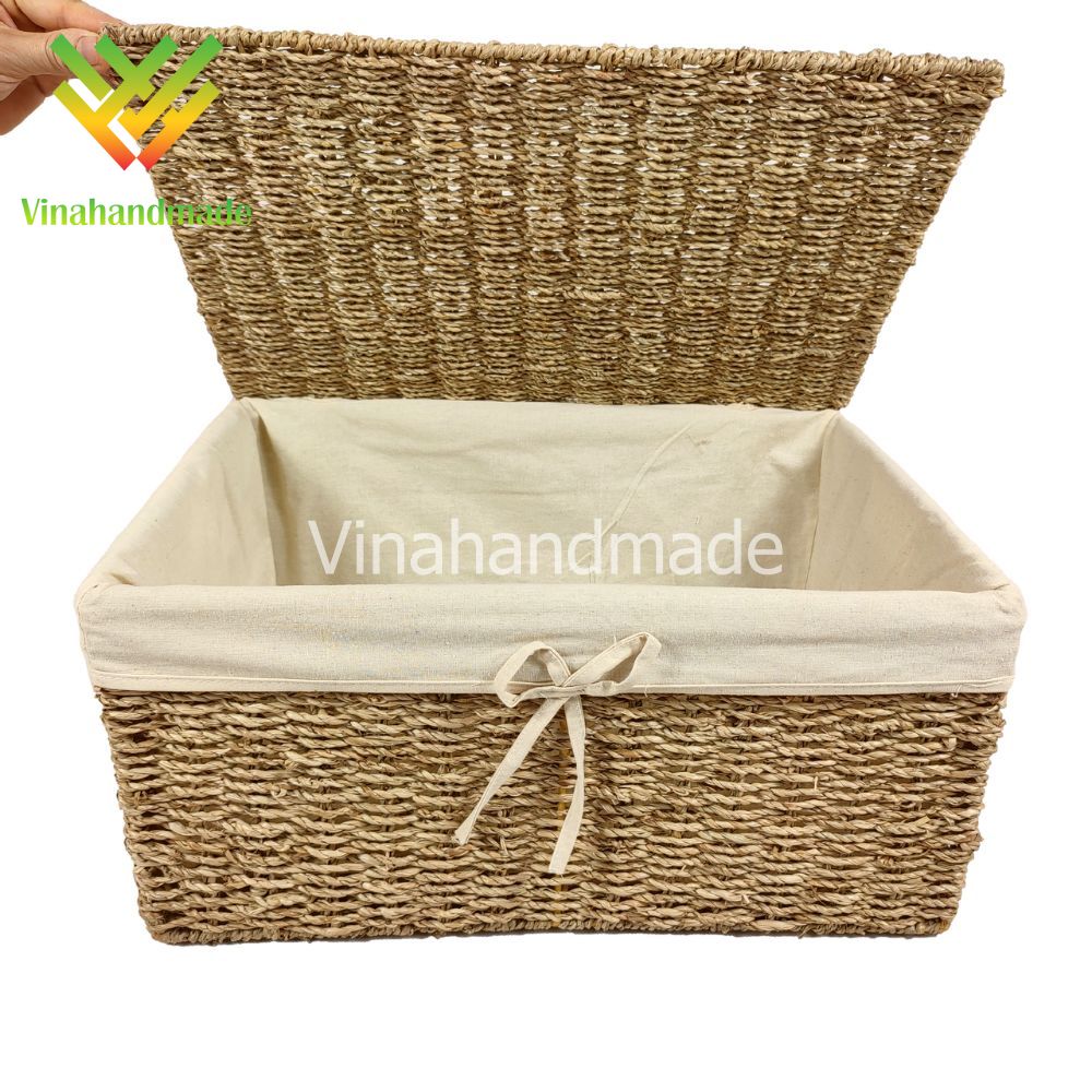 Bộ 3 giỏ cói khung sắt đựng đồ chữ nhật đan trơn
