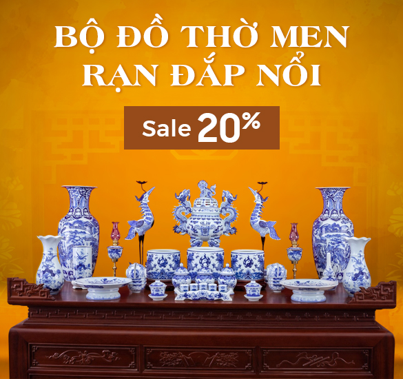 Bộ đồ thờ men rạn đắp nổi gốm sứ Bát Tràng