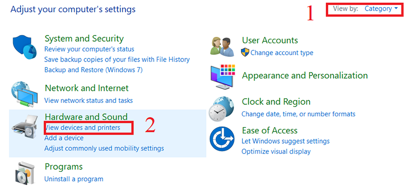 Chọn View devices and printers
