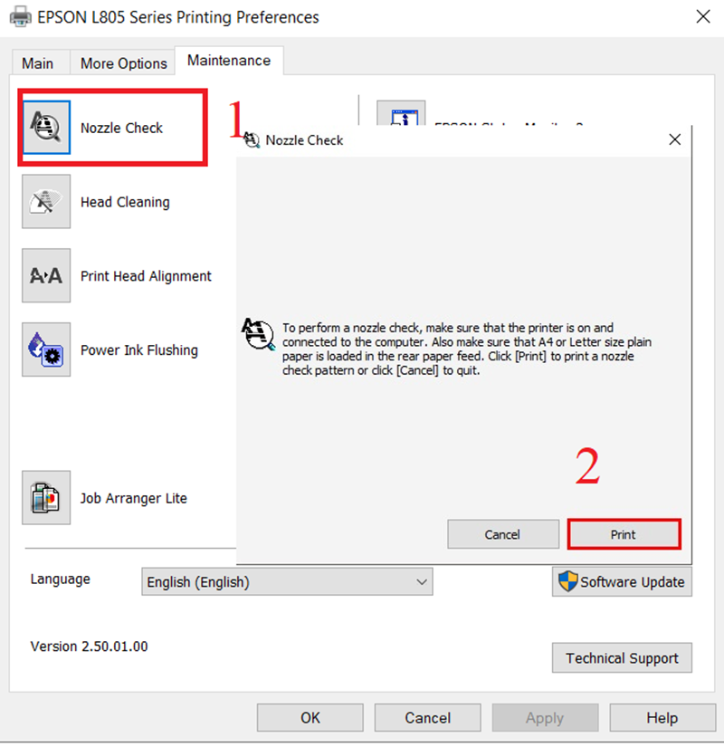 Sau khi vệ sinh xong, chọn Nozzle Check
