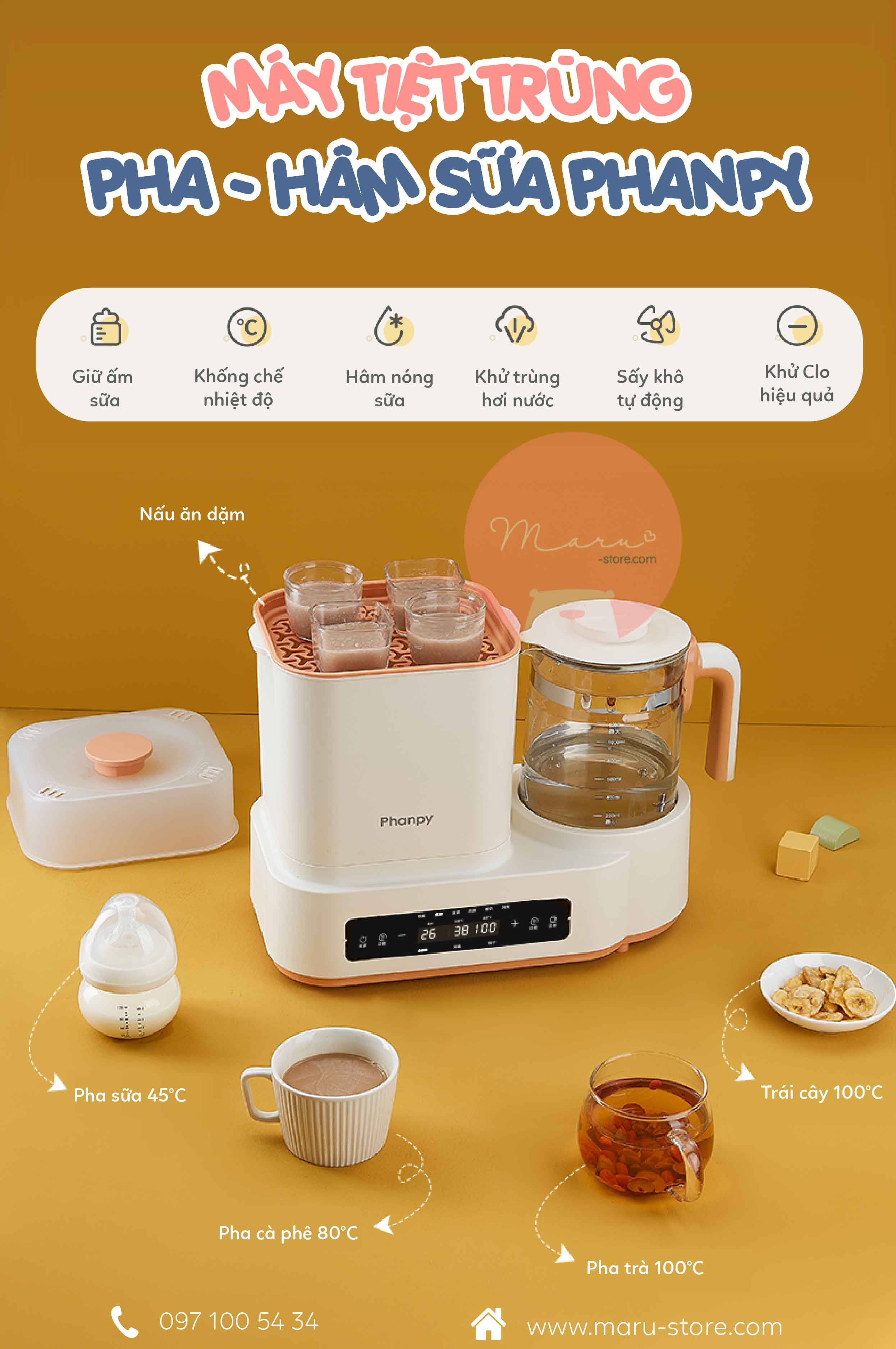 máy hâm sữa, pha sữa, tiệt trùng, sấy khô đa năng PHANPY