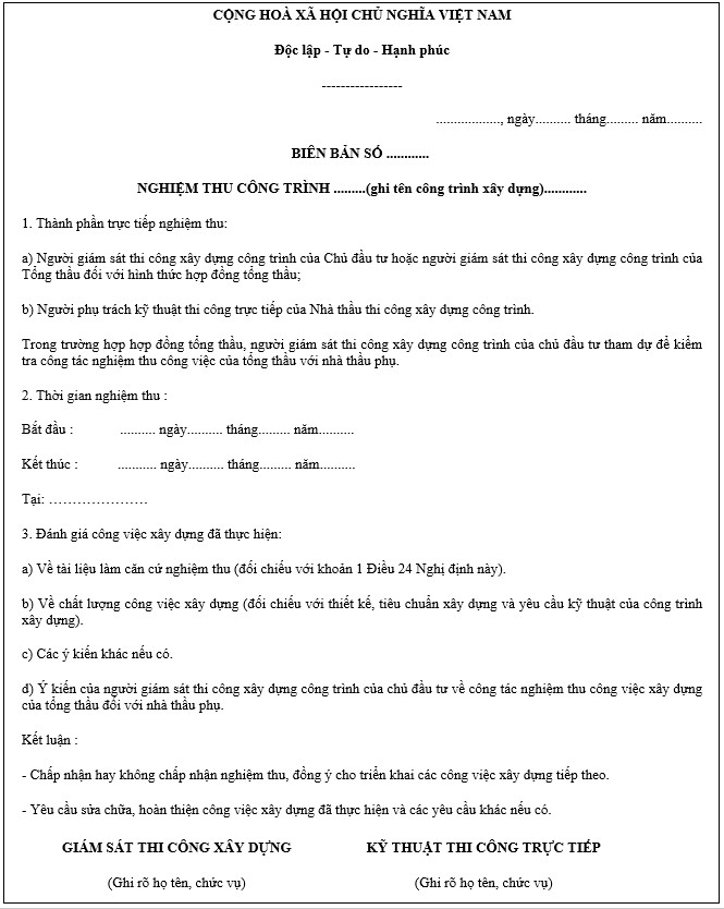 biên bản nghiệm thu công trình xây dựng