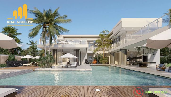 Mẫu biệt thự cao cấp có sân vườn, hồ bơi dạng chữ L