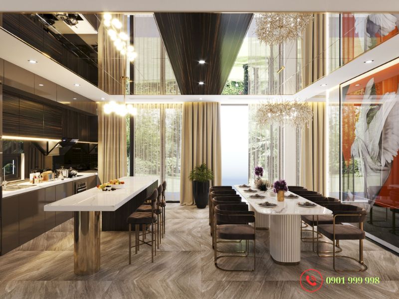 Bố cục phòng bếp mở trong biệt thự mang lại trải nghiệm mới mẻ cho gia chủ