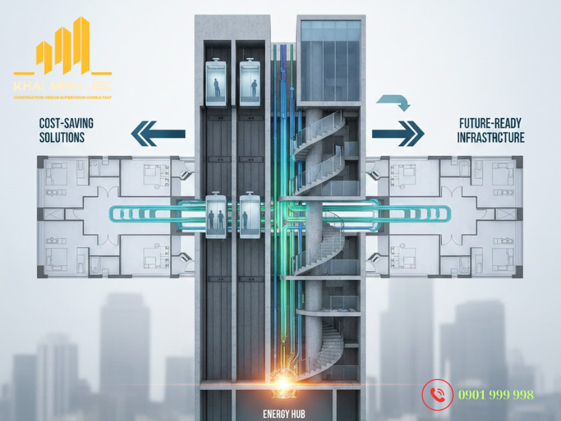 Giải pháp bố trí lõi thang và trục năng lượng giúp tối ưu chi phí