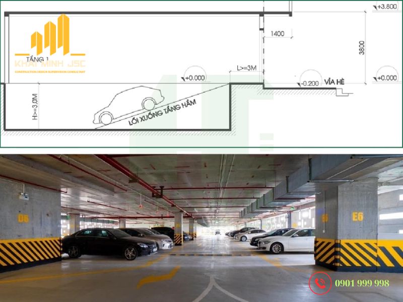 Tầng hầm thường được xây thấp hơn mặt đường để tiết kiệm không gian và tận dụng diện tích