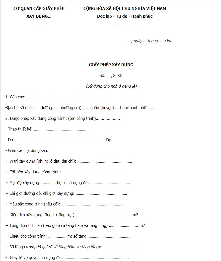 Mấu đơn xin phép xây dựng nhà ở đô thị
