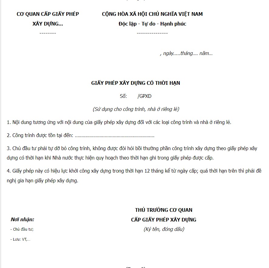 Mẫu giấy phép xây dựng có thời hạn