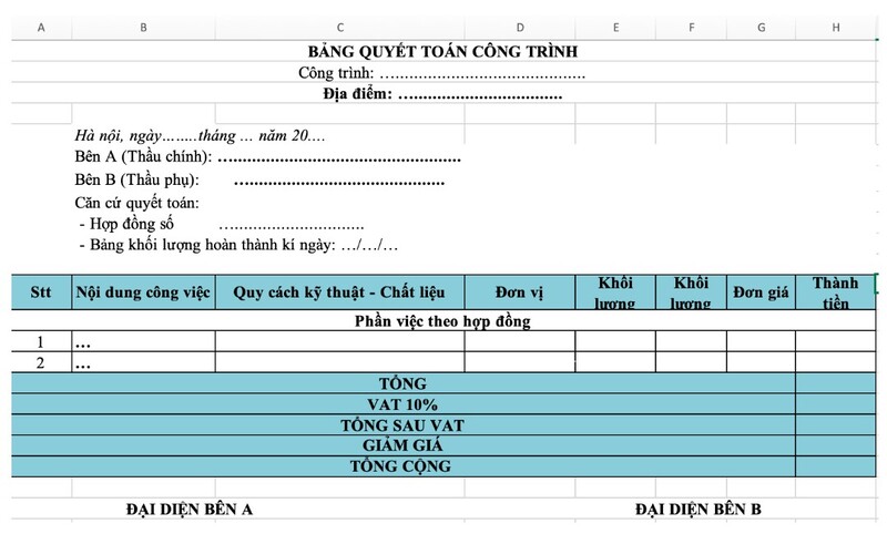 mẫu hồ sơ quyết toán công trình xây dựng