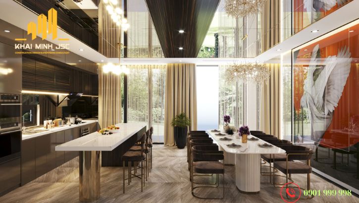 Cách kết hợp màu sắc và vật liệu nội thất cho không gian bếp biệt thự