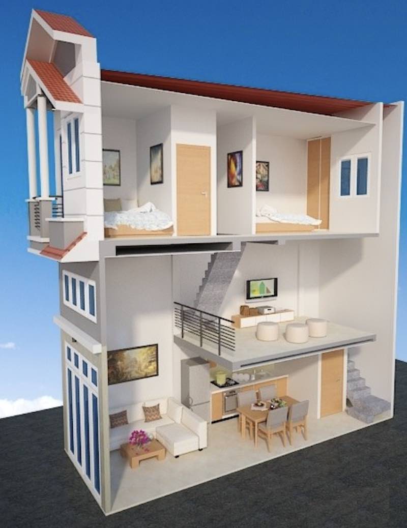Mẫu nhà 2 tấm thêm gác lửng