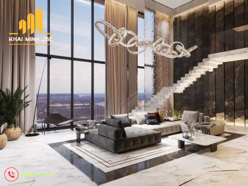 Mẫu thiết kế nội thất căn hộ Penthouse phòng khách sang trọng