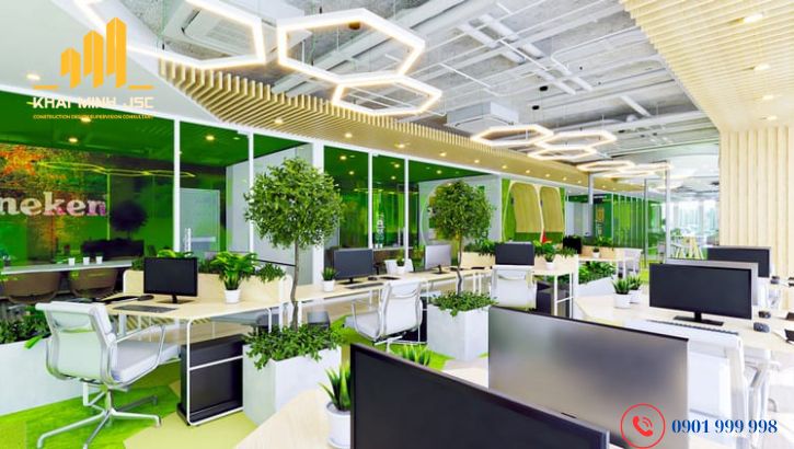 Không gian văn phòng xanh trong lành với nhiều cây cối và ánh sáng tự nhiên