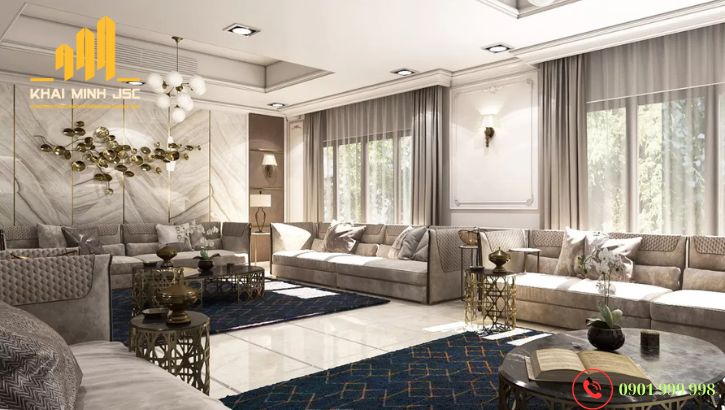 Không gian biệt thự sáng sủa và thoáng đãng nhờ thiết kế kết hợp cả nguồn sáng tự nhiên và nguồn sáng nhân tạo