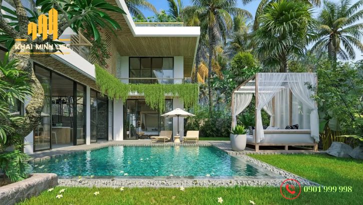 Trang trí sân vườn biệt thự kết hợp hồ bơi, tiểu cảnh