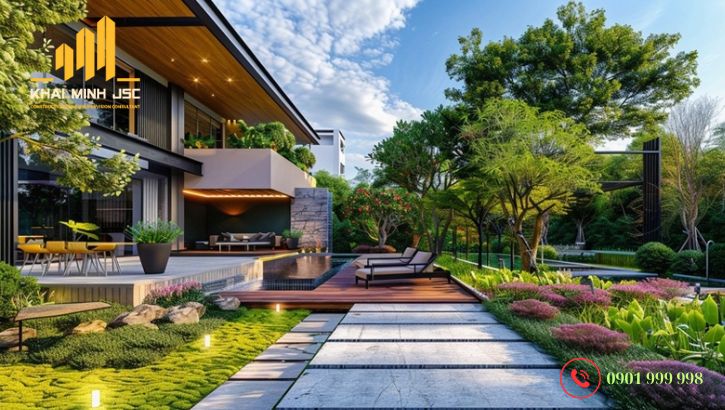 Cây cảnh và hoa sẽ giúp không gian sân vườn trở nên sinh động hơn