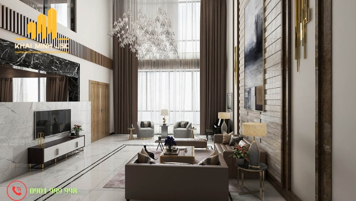 Phòng khách sử dụng vật liệu gỗ cao cấp, sang trọng