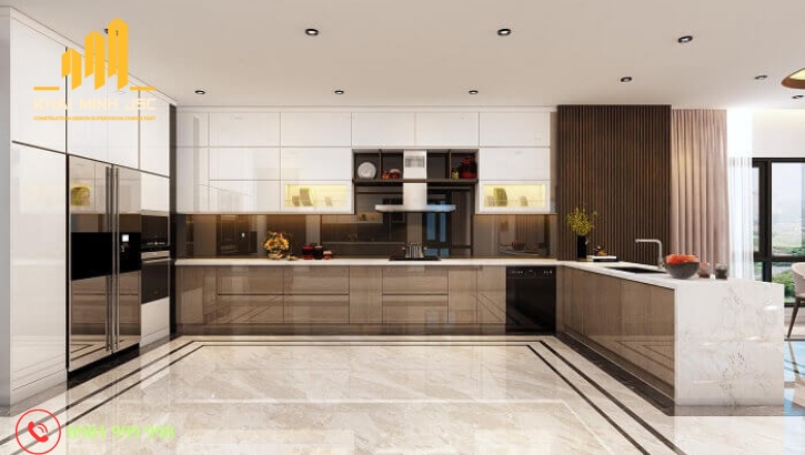 Nội thất phòng bếp sử dụng vật liệu sáng bóng, dễ vệ sinh