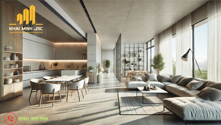 Xử lý trần sàn trong biệt thự không gian mở giúp phân tách, tạo chiều sâu