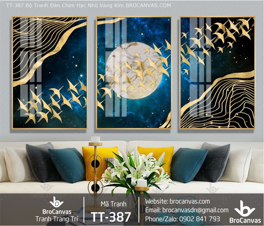 Tranh treo tường Đà Nẵng cho không gian phòng khách, căn hộ, khách sạn, homestay, spa mẫu 2020 3 Tranh Treo Chim Hạc hội tụ gắn kêt tình thân