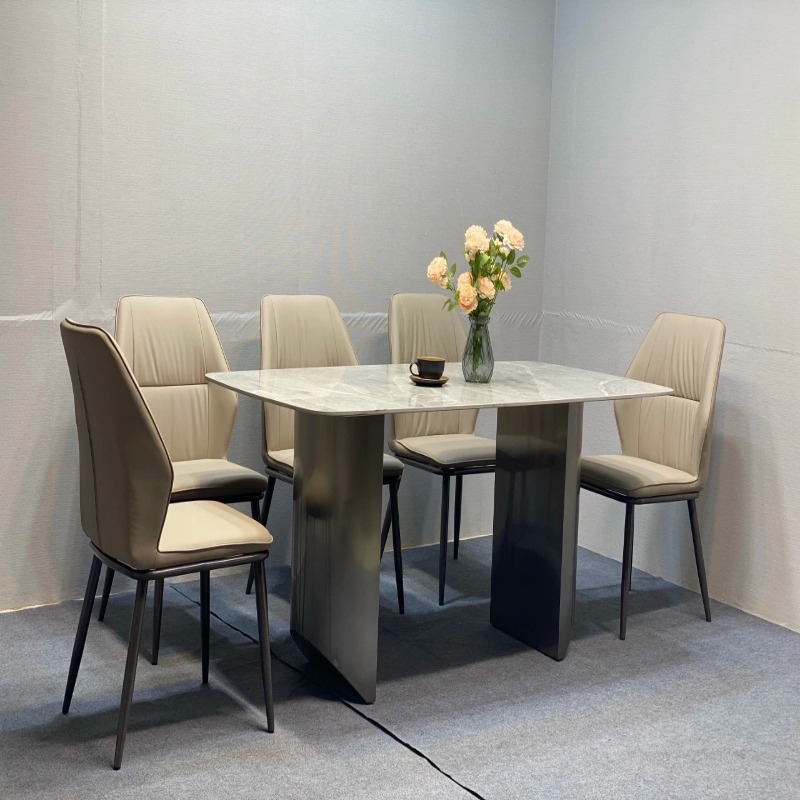Bộ bàn chân đôi 6 ghế Kevin với mặt đá ceramic và lọc lãm sang trọng cho phòng ăn.