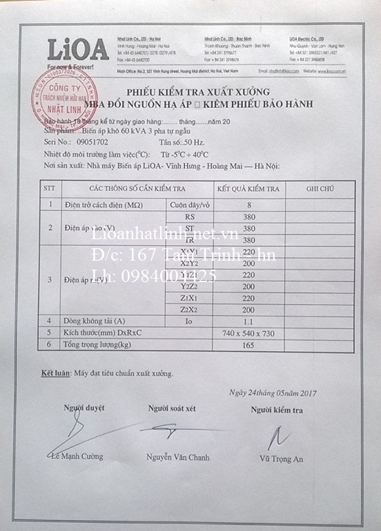 Chứng chỉ xuất xưởng  biến áp lioa 3 pha