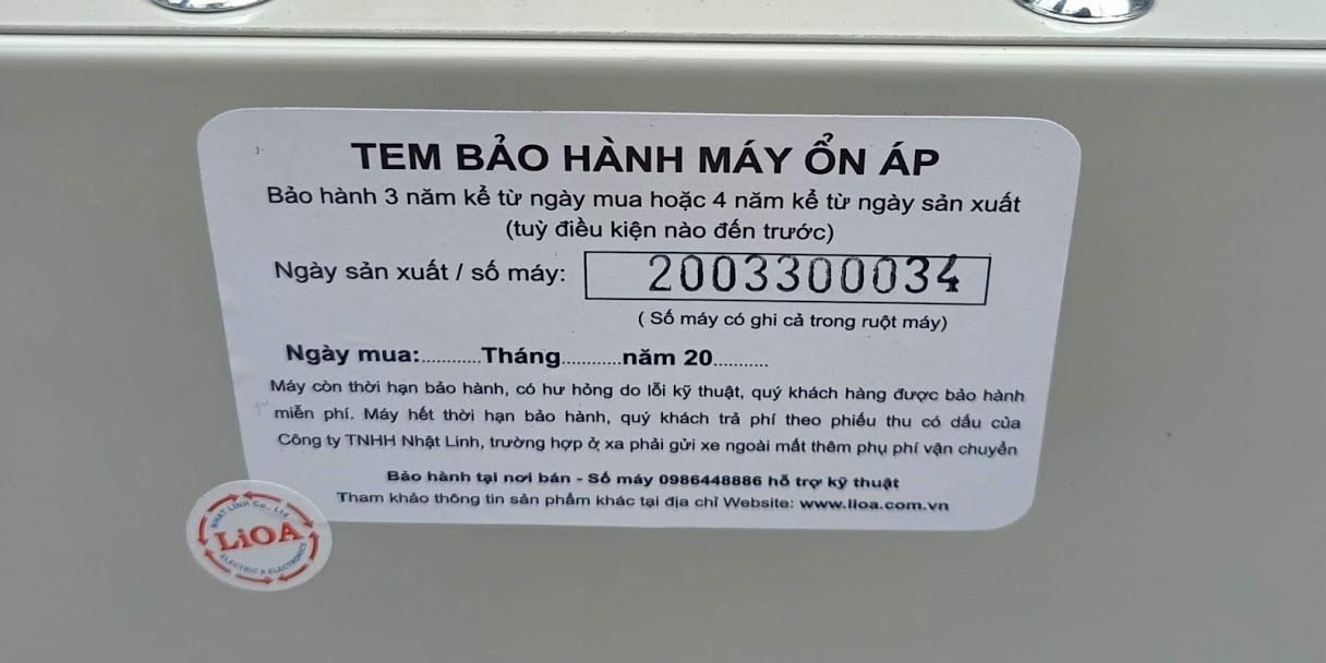 TEM BẢO HÀNH ỔN ÁP LIOA 1KVA DRII - 1000II MỚI NHẤT