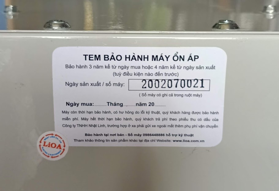 TEM BẢO HÀNH ỔN ÁP LIOA 7.5KVA MỚI NHẤT