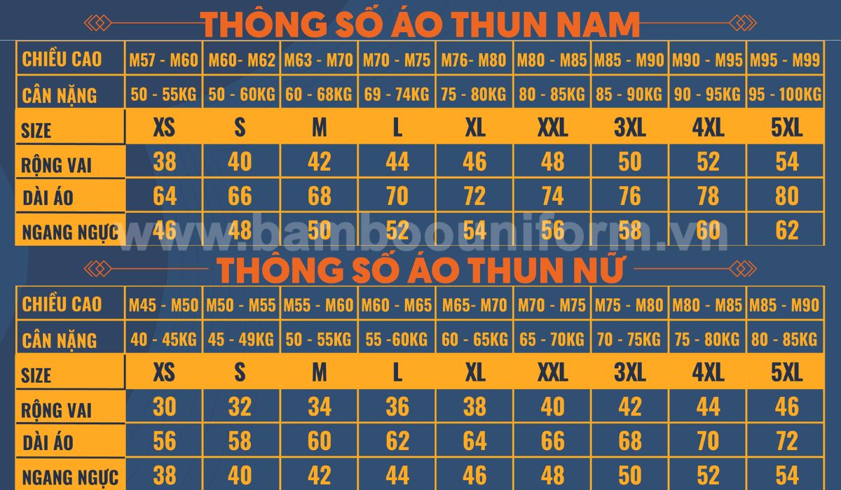 Bảng size áo thun nam nữ tham khảo - Bamboo Uniform