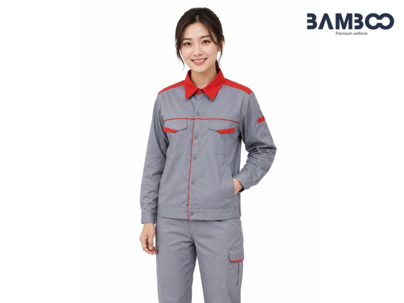 Bamboo Uniform may áo bảo hộ xám cổ đỏ giá tốt, bền đẹp và chuẩn nhận diện thương hiệu
