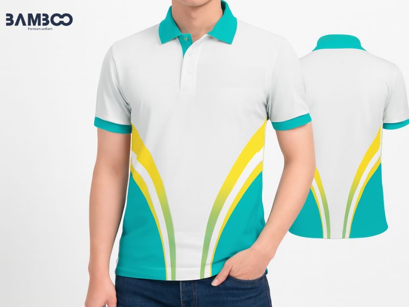 Bamboo Uniform may áo thun quà tặng mẫu họa tiết xanh ngọc phối vàng giá tốt