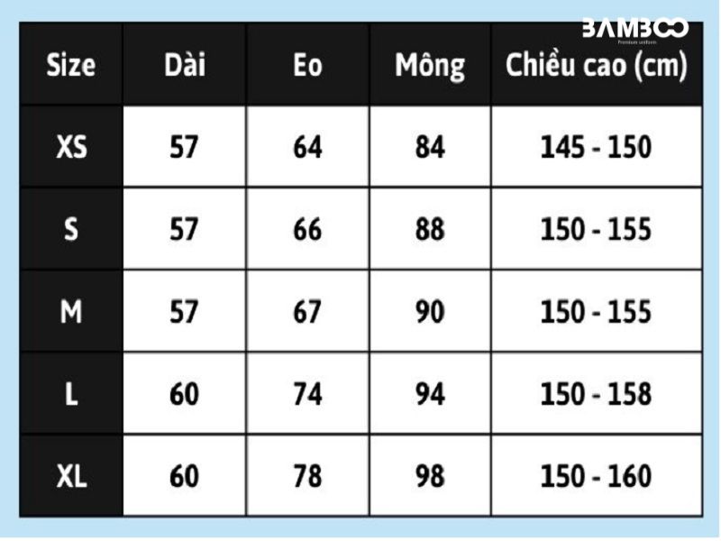 Bảng size tham khảo cho chân váy Peplum công sở