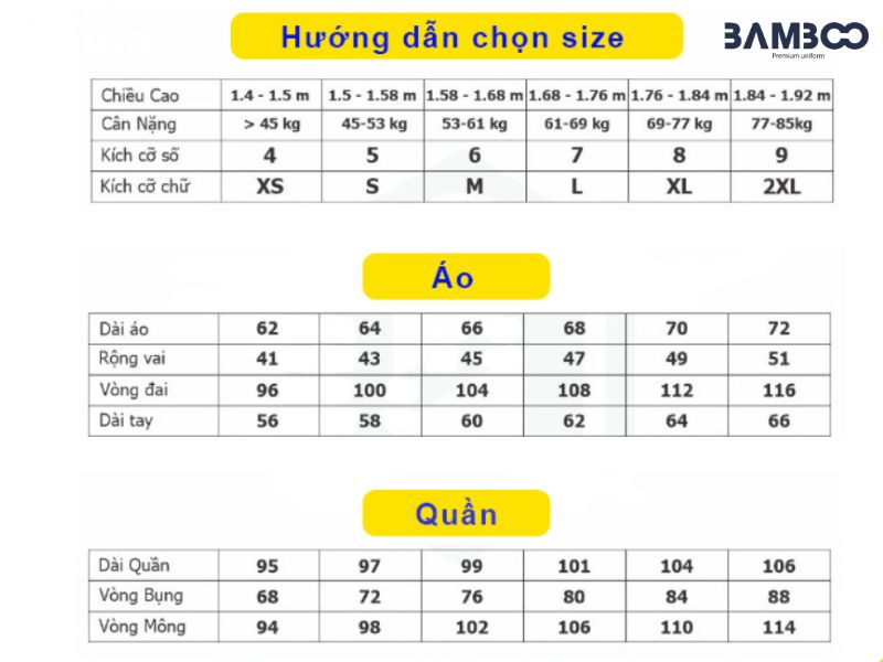 Bảng size đồng phục điện lực