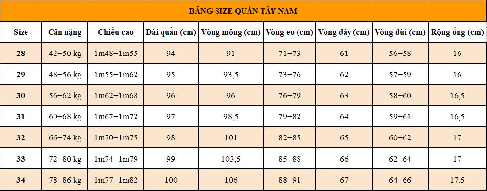 Bảng size quần tây nam đen ống đứng tham khảo