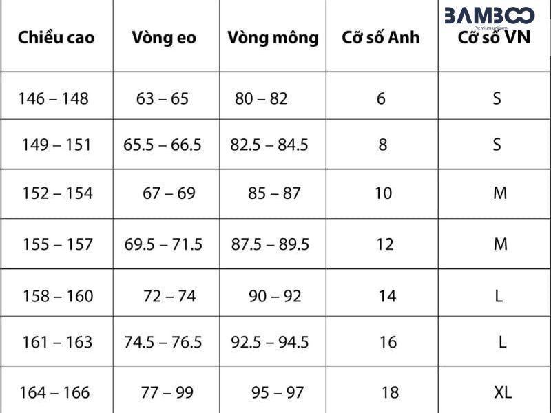 Bảng size quần tây nữ đồng phục