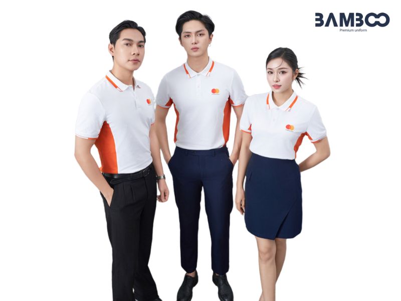 Phối đồng phục trắng tinh tế, nữ váy/chân váy tối, culottes, blazer và nam quần tây/jeans, giày da lịch lãm