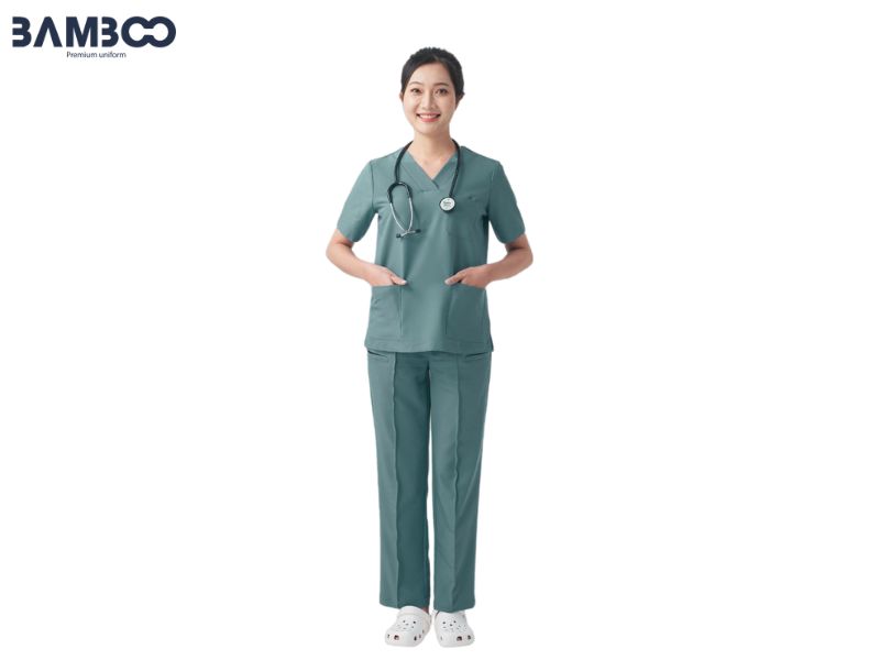 Bộ Scrub y khoa co giãn, chống tĩnh điện, cổ V tiện lợi, linh hoạt cho bác sĩ và điều dưỡng
