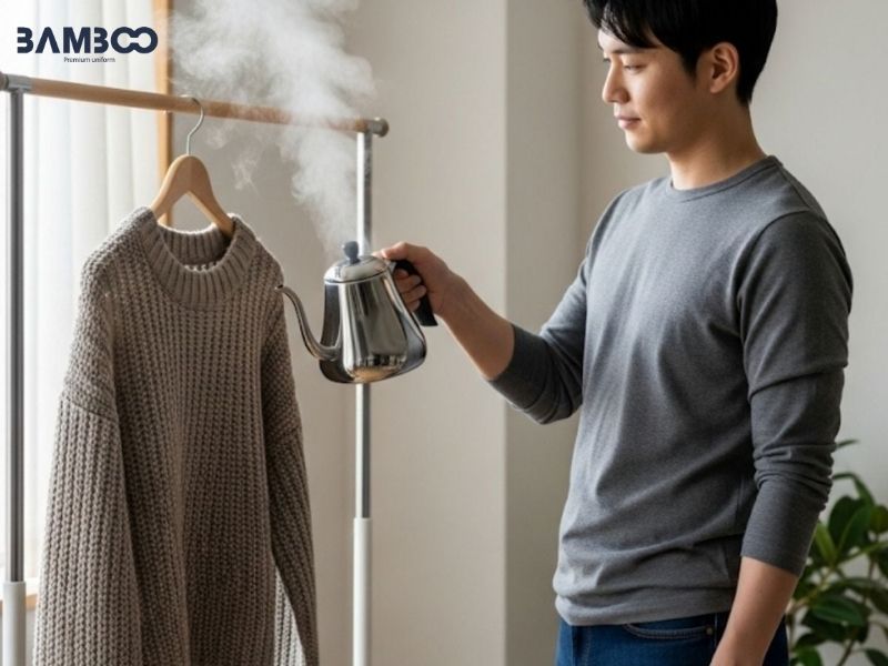 Cách làm phẳng áo bị nhăn bằng hơi nước từ ấm đun sôi