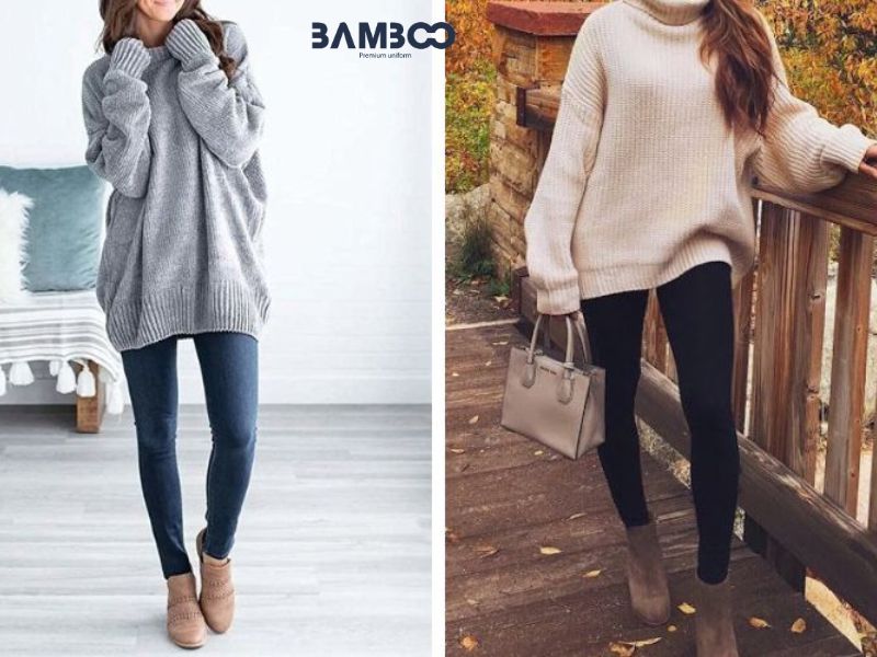 Cách mix áo len nữ tay dài cùng legging và bốt cao sành điệu